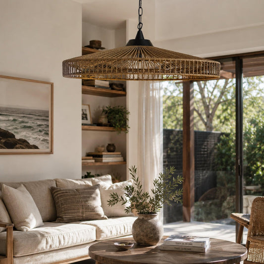 Rope pendant light with natural woven shade suspended on a black chain