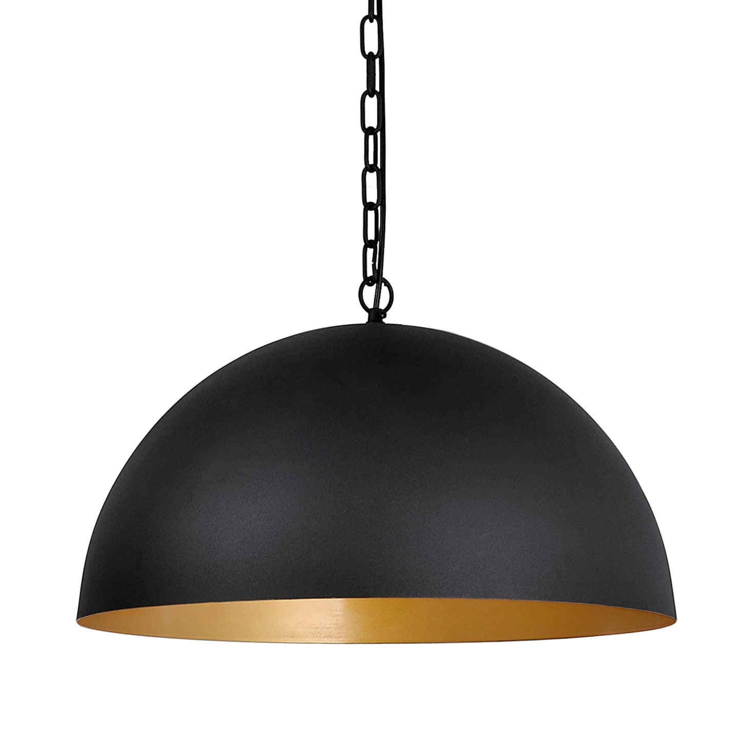 Black dome pendant light with chain suspension and gold-toned base edge.