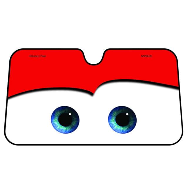 Car windshield sunshade cover with red top, white panel, and blue eye design