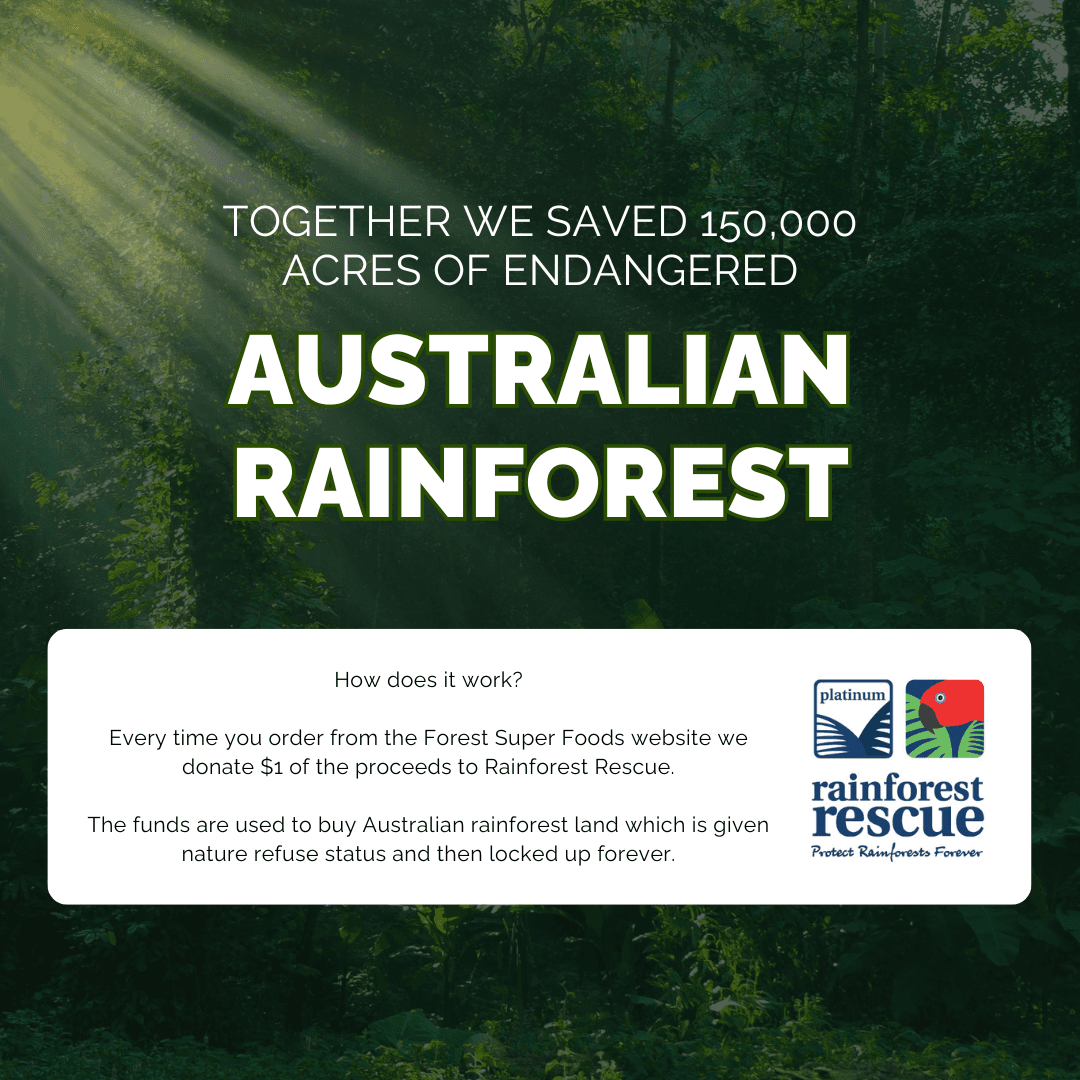 Rainforest rescue banner stating “150,000 acres” saved and donation information.