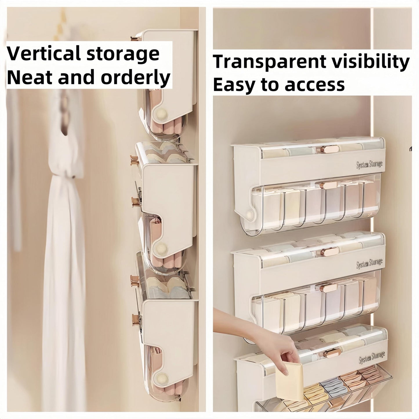 White vertical hanging storage organizer with clear bins for underwear and socks