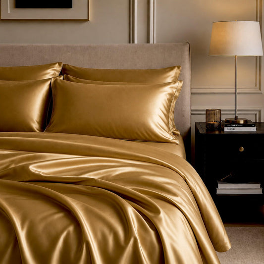 Veuve Gold gold satin sheet set with pillowcases and smooth drape