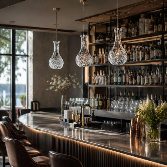 Set of clear glass decanter-shaped pendant lights with textured pattern and chrome stems