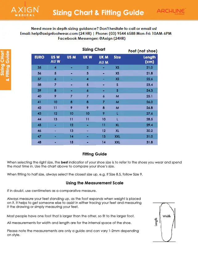 Sizing chart and fitting guide graphic for Archline slippers, with size table.