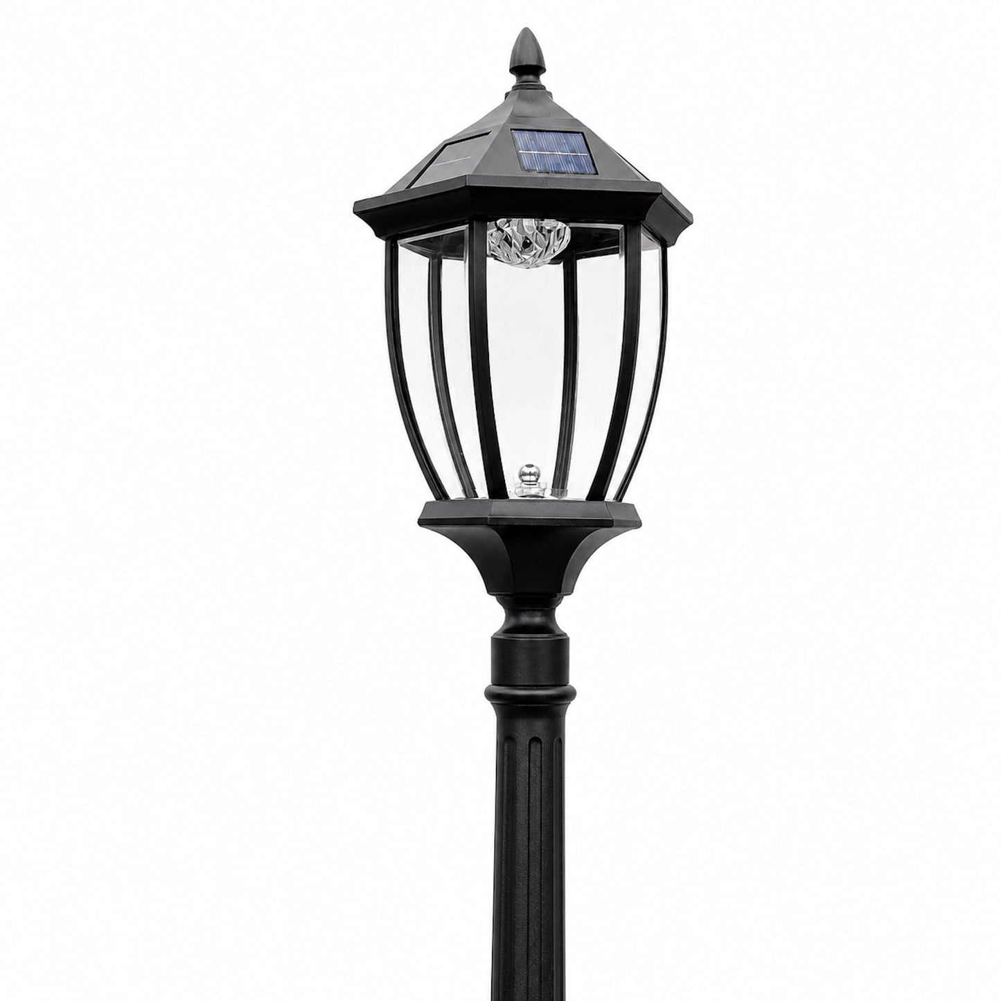 Black solar garden post light close-up: clear lantern glass, finial top, solar panel