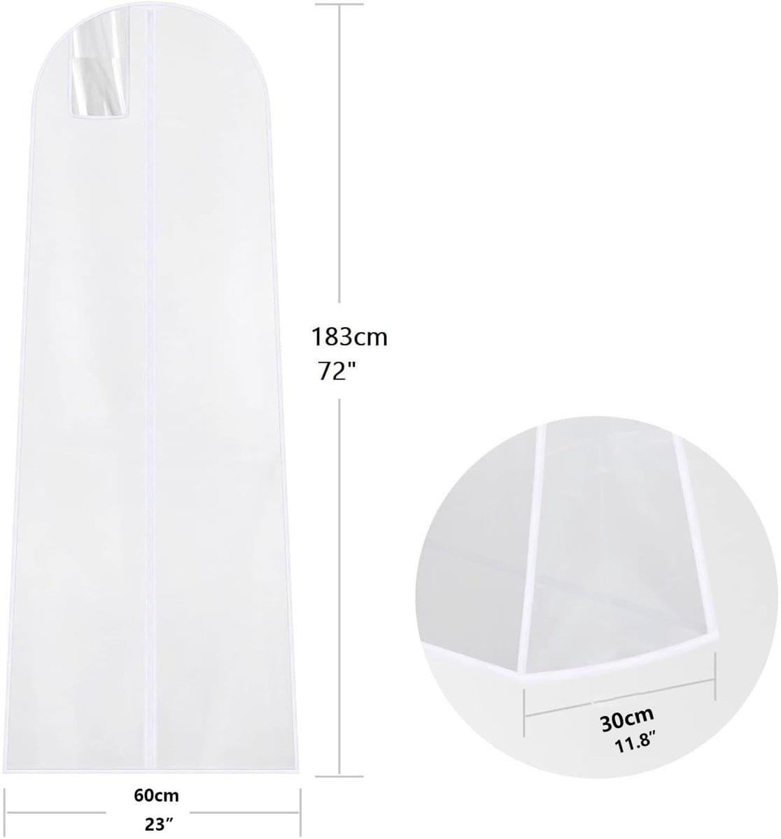White garment cover dimensions 183cm by 60cm, zipper storage bag