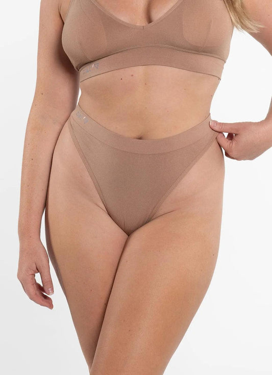 Chestnut sheer g-string lingerie with high-cut legs and minimal back coverage