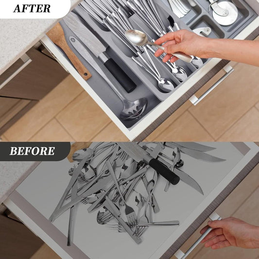 Gray cutlery drawer organizer tray with pull-out insert and utensil dividers