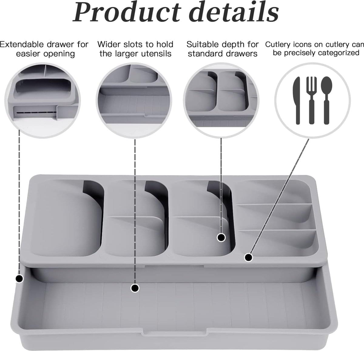 Gray cutlery organizer tray with extendable drawer, wide slots, and multiple sections