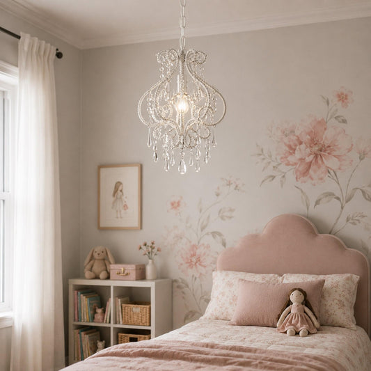White crystal chandelier with teardrop drops and filigree center
