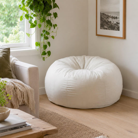 White round bean bag chair with gathered top and smooth upholstery