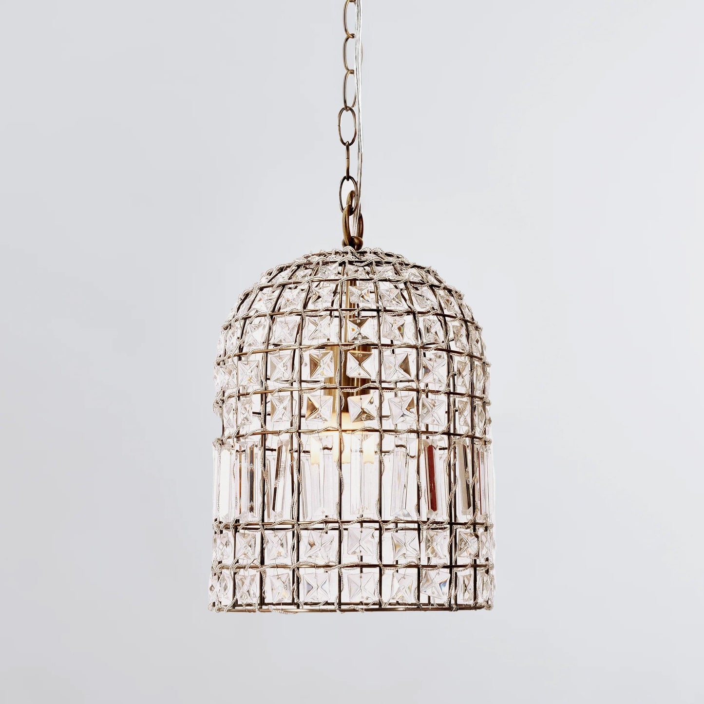 Brass dome crystal chandelier with faceted glass grid shade and hanging chain