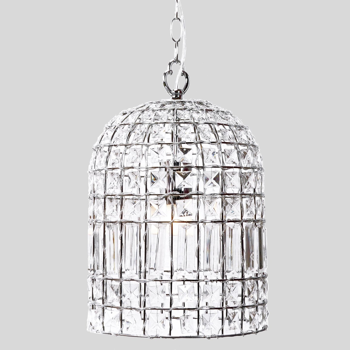 Clear crystal dome chandelier with chrome chain, faceted glass square grid.