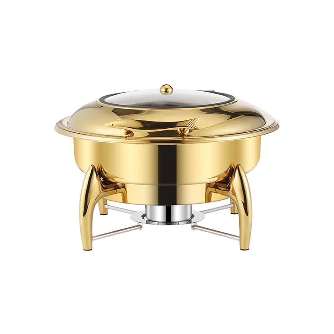 Gold-plated round chafing dish with domed lid and three-legged stand