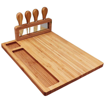 Rectangular wooden cheese board with built-in knife slots and four wooden-handled knives