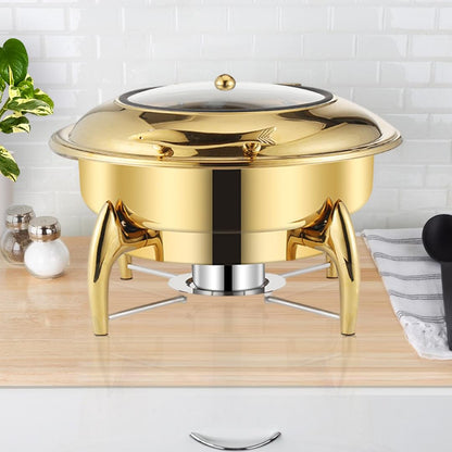 Gold-plated round chafing dish with domed lid and built-in burner base