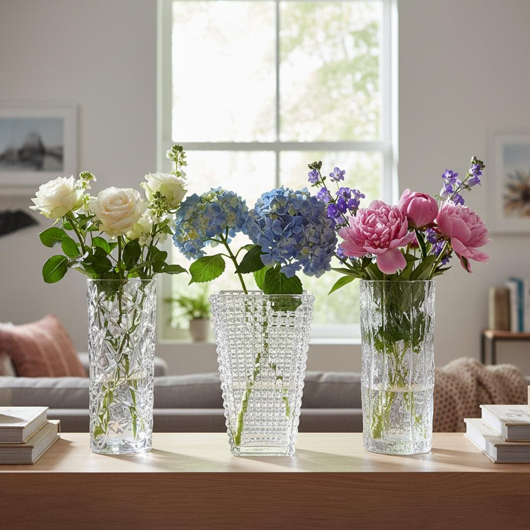 Clear glass vases with textured faceted surfaces, styled with assorted flowers