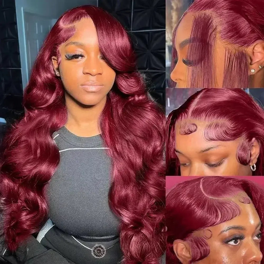 Dark burgundy body wave wig with side-swept curls and lace front hairline