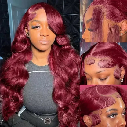 Dark burgundy body wave wig with side-swept curls and lace front hairline
