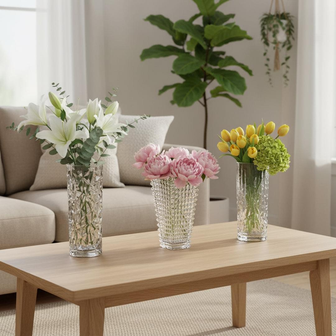 Clear glass vase trio with diamond and ribbed textures for cut flower arrangements