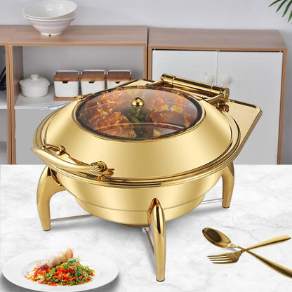 Gold-plated stainless chafing dish with open lid and serving pan on stand