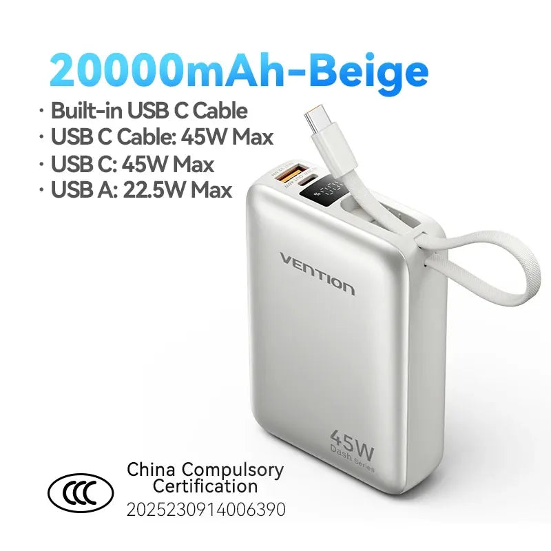 Beige power bank with built-in USB-C cable and wrist strap, compact rectangular design.