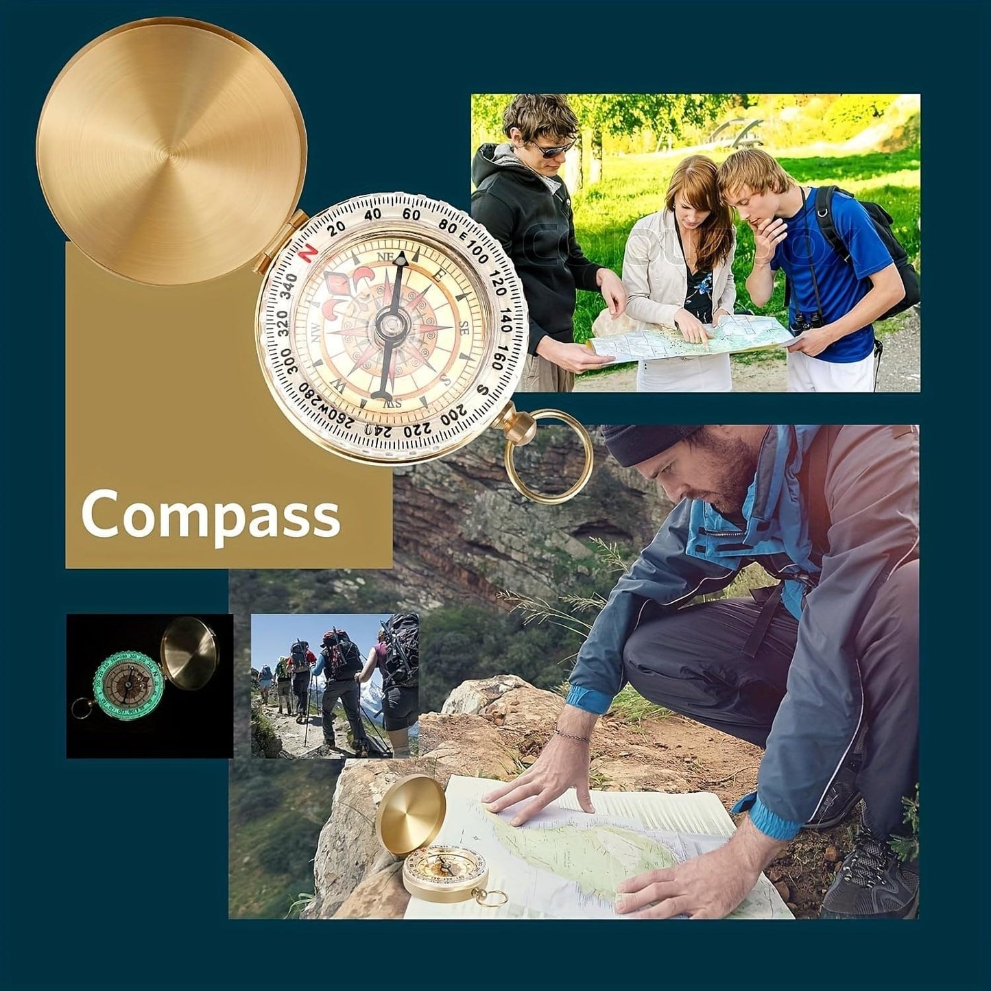 Camping survival compass tool with round metallic face and key ring
