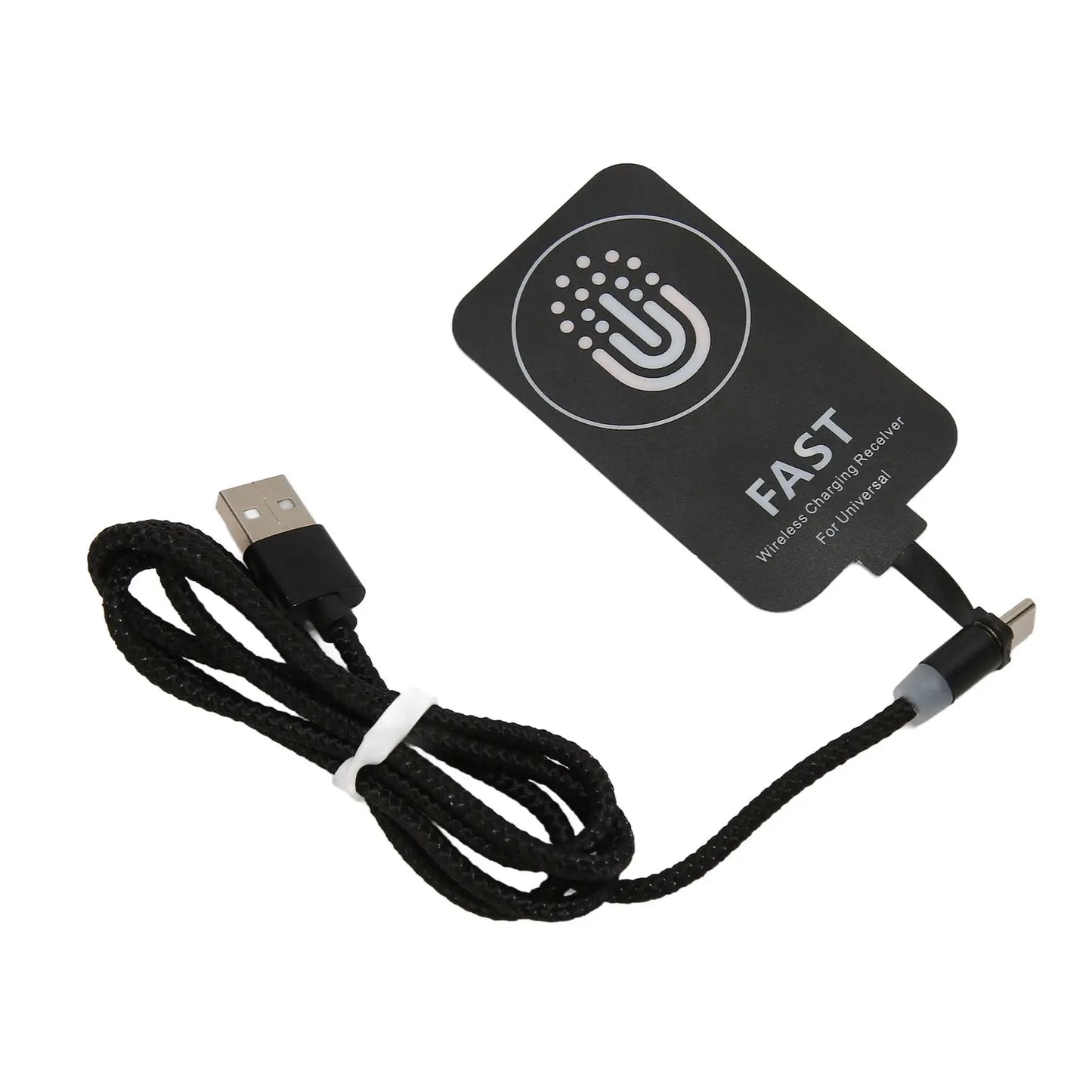 Black wireless charging receiver patch with USB-A to Type-C cable and braided cord