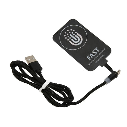 Black wireless charging receiver patch with USB-A to Type-C cable and braided cord