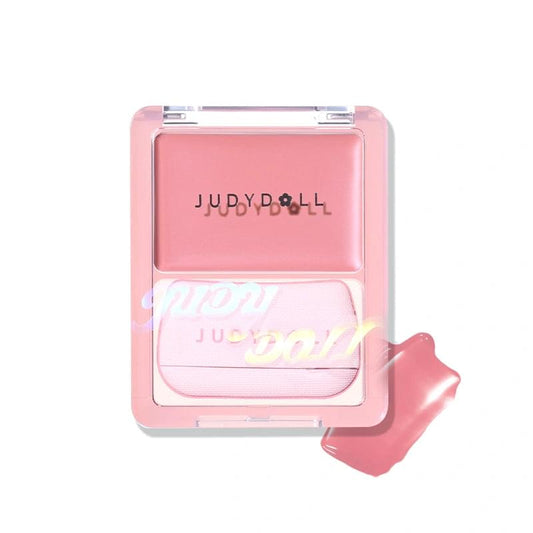 Glow blush balm compact with pink square pan and clear lid, open view with pink applicator.