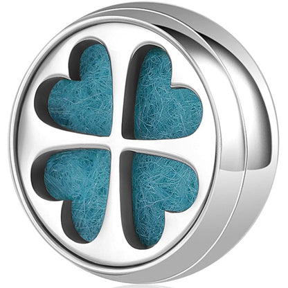 Round wearable diffuser locket with dark-blue felt four-heart pattern in silver frame