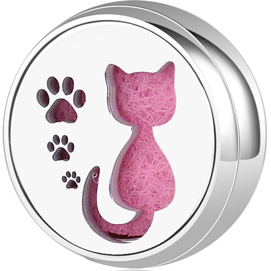 Round wearable diffuser locket with pink cat silhouette and paw print felt accents