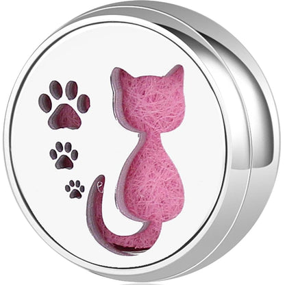 Round wearable diffuser locket with pink cat silhouette and paw print felt accents