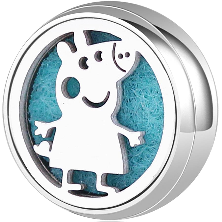 Round wearable diffuser locket with white cat face and blue felt insert in silver frame