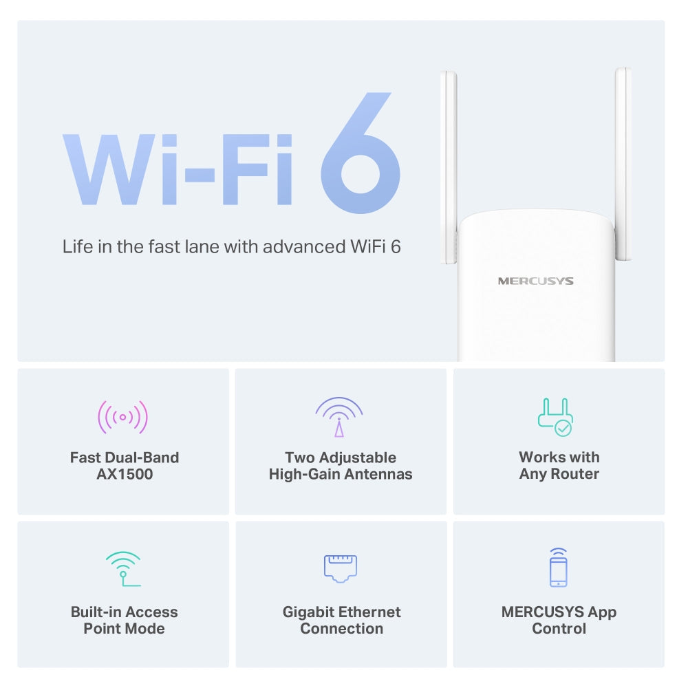 ME60X | AX1500 Dual-Band Wi-Fi 6 Range Extender | 1500 Mbps | Gigabit Port | MERCUSYS