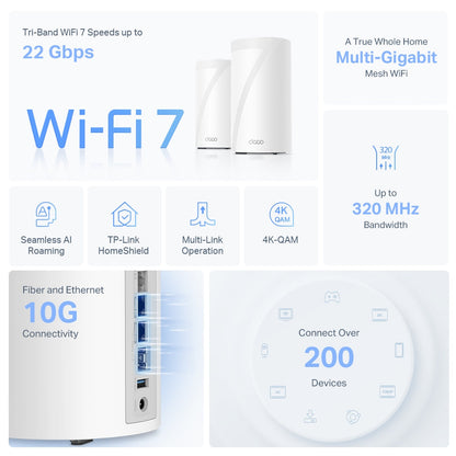 TP-Link Deco BE85 BE22000 Tri-Band Whole Home Mesh Wi-Fi 7 System – Choose up to 3-Pack with 22Gbps Speed, 10G Ports, MLO, 6GHz Band & HomeShield