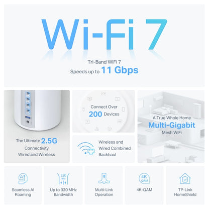 TP-Link Deco BE65 (choose up to 3-Pack) BE11000 Tri-Band Whole Home Mesh Wi-Fi 7 System with 2.5GbE Ports & 6GHz Band