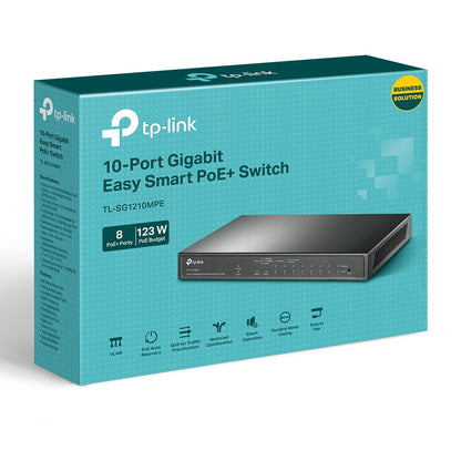 TP-Link TL-SG1210MPE 10-Port Gigabit Easy Smart Switch with 8-Port PoE+ | Fanless Design, 123W PoE Budget, VLAN & Web Management