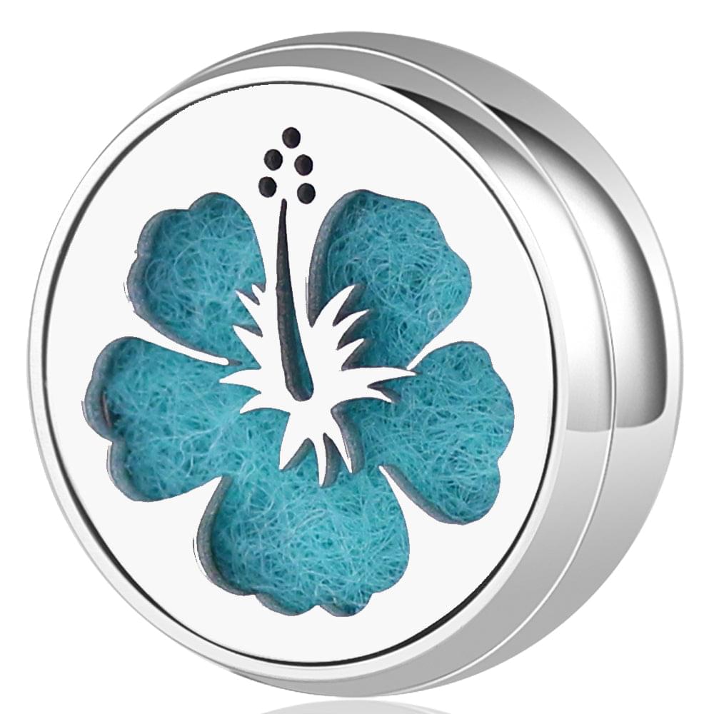Round wearable diffuser locket with blue paw-flower design on felt insert