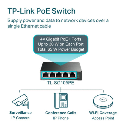 TP-Link TL-SG105PE 5-Port Gigabit Easy Smart Switch with 4-Port PoE+ | Silent Fanless Design, 65W PoE Budget, VLAN & Web Management