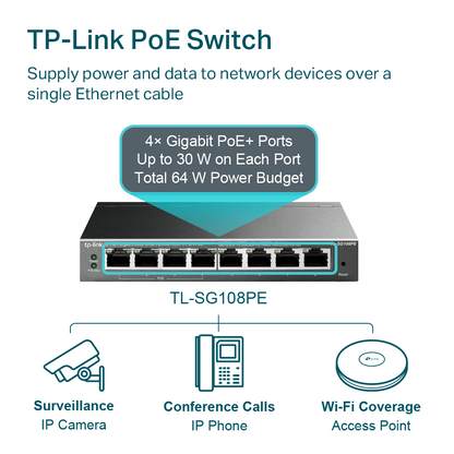 TP-Link TL-SG108PE 8-Port Gigabit Easy Smart Switch with 4-Port PoE+ | Fanless, 64W PoE Budget, VLAN & Web Management