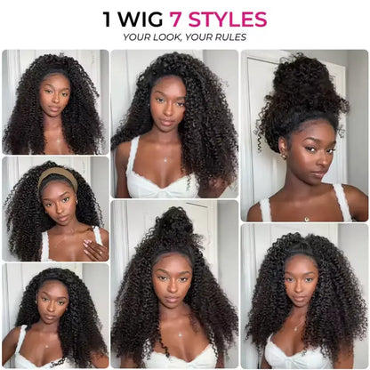 Curly human hair wig with dark tight coils, lace front, and voluminous deep-wave texture