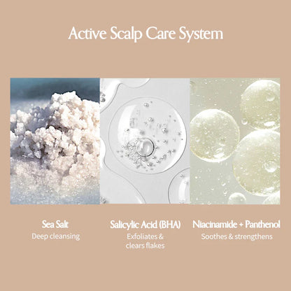 Scalp care system collage with sea salt granules and cleansing bubbles
