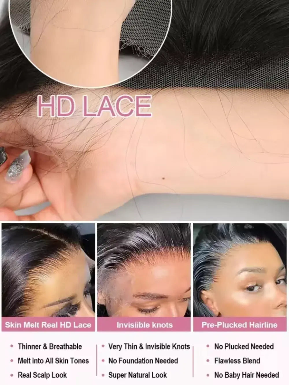 HD lace wig cap close-up with skin-melt hairline and pre-plucked look
