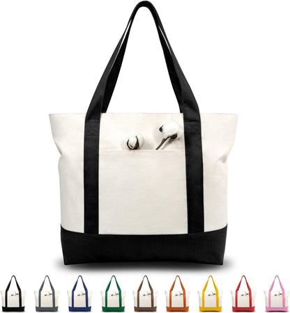 1 | 3 | 6 | 30 Pack Canvas Tote Bag with an External Pocket, Reusable Grocery Shopping Bag, Top Zipper Closure, Daily Essentials (Black/Natural Pack of 1)