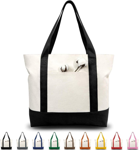 Canvas tote bag with black handles and central black panel; side-striped design.