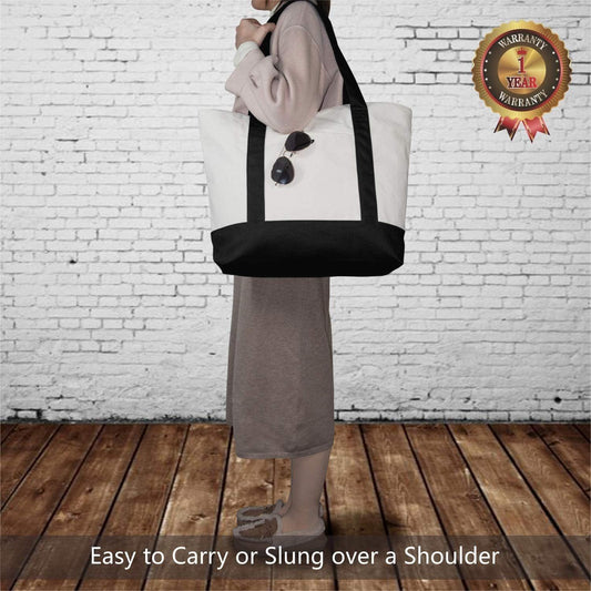 Canvas tote bag worn on the arm; natural body with black bottom and side panels.