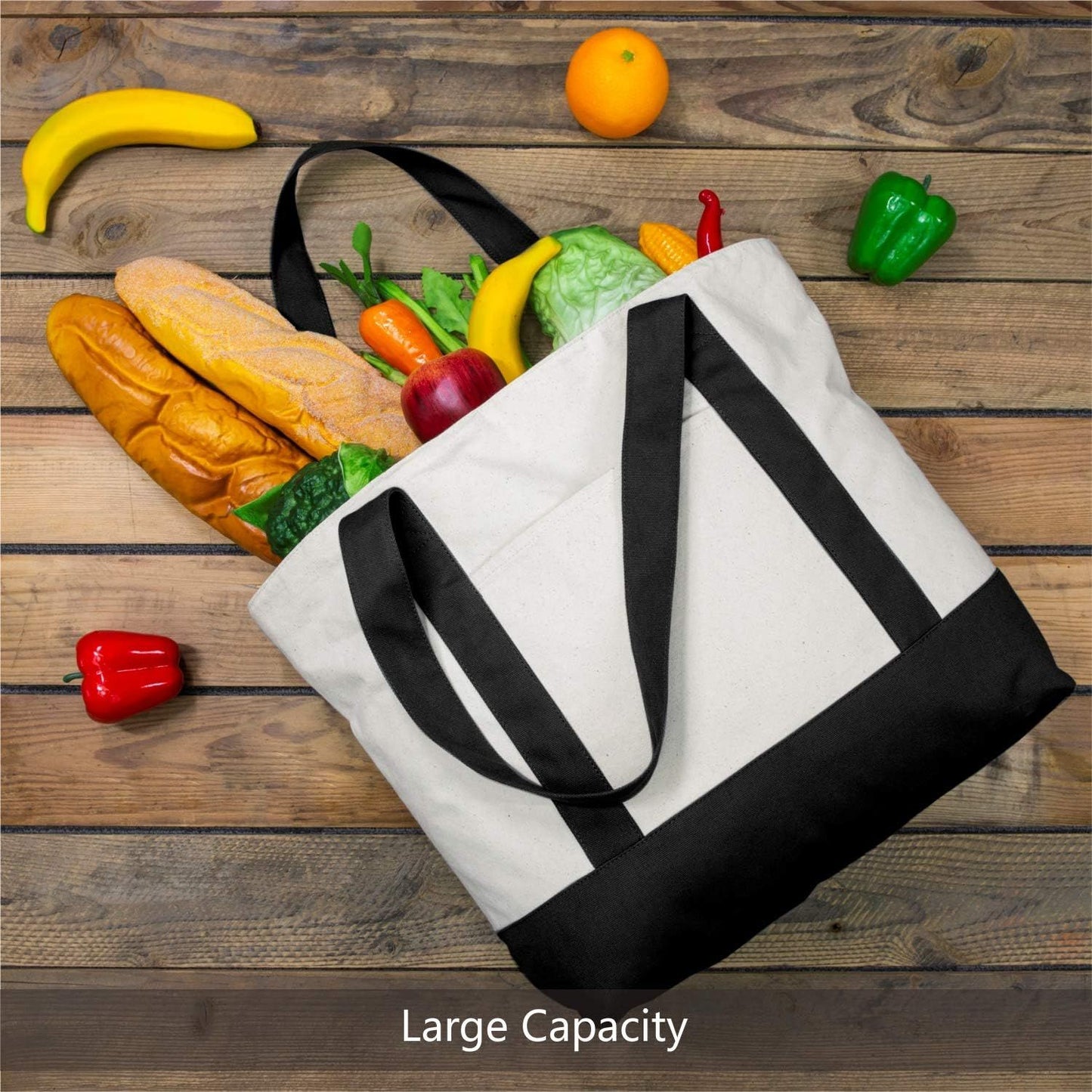 1 | 3 | 6 | 30 Pack Canvas Tote Bag with an External Pocket, Reusable Grocery Shopping Bag, Top Zipper Closure, Daily Essentials (Black/Natural Pack of 1)
