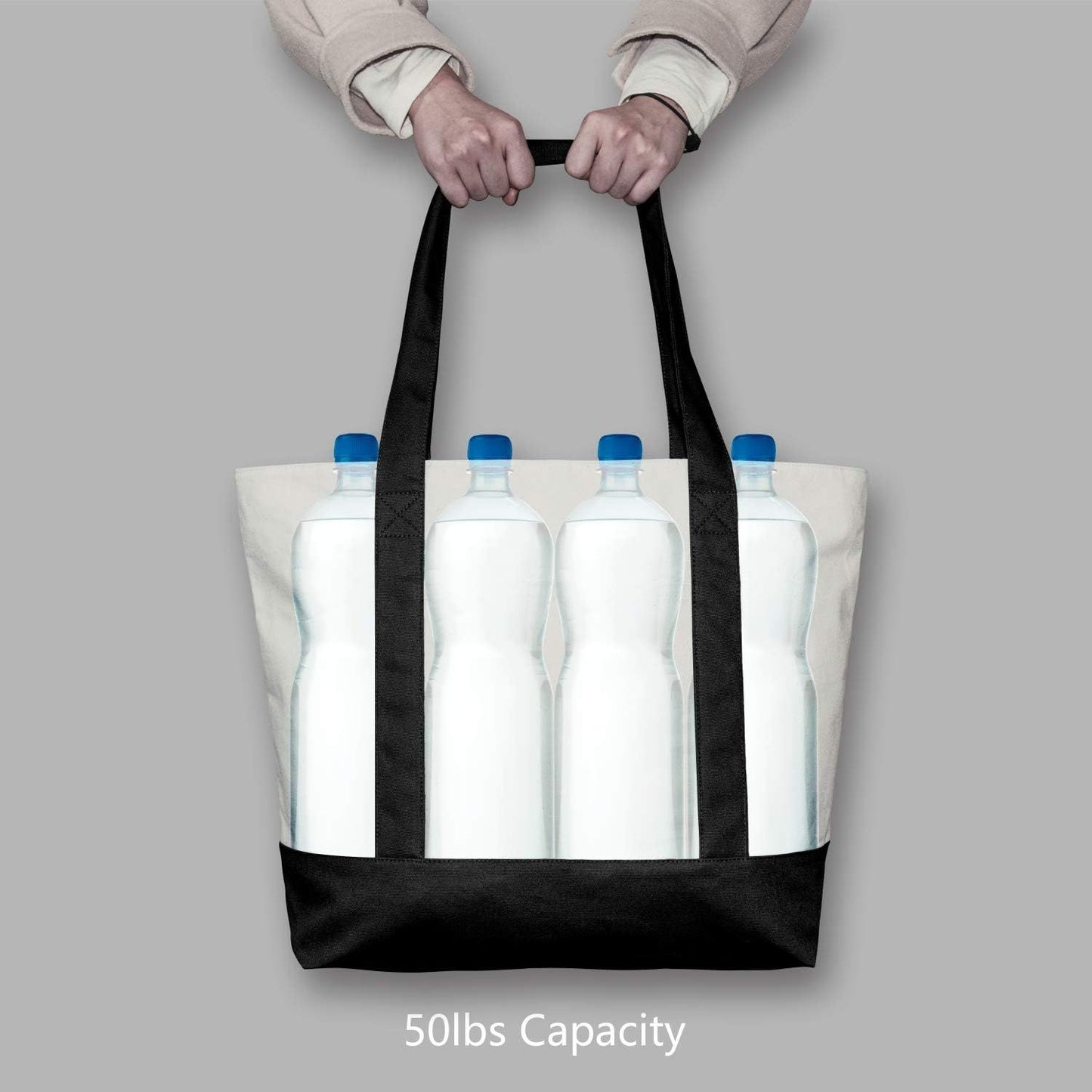 1 | 3 | 6 | 30 Pack Canvas Tote Bag with an External Pocket, Reusable Grocery Shopping Bag, Top Zipper Closure, Daily Essentials (Black/Natural Pack of 1)