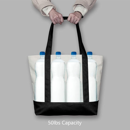1 | 3 | 6 | 30 Pack Canvas Tote Bag with an External Pocket, Reusable Grocery Shopping Bag, Top Zipper Closure, Daily Essentials (Black/Natural Pack of 1)